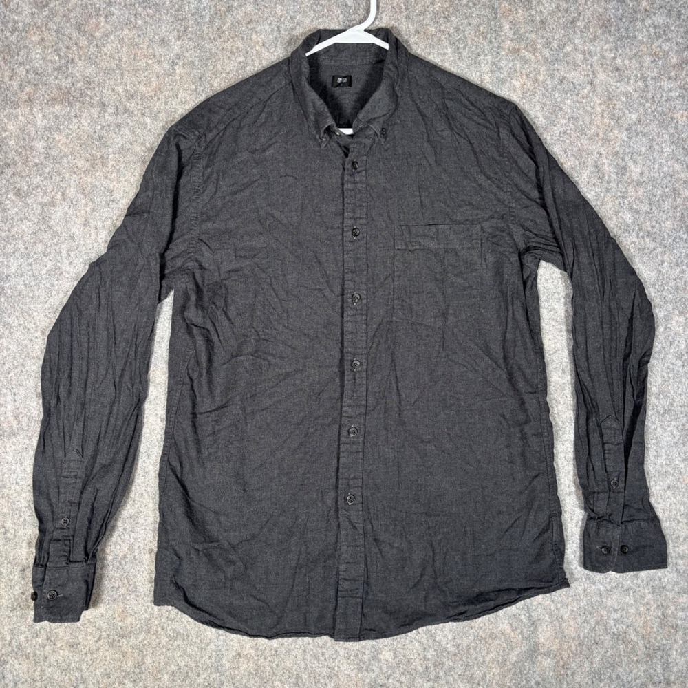 Uniqlo Flannel Shirt Mens L Charcoal Gray Cotton Button Down 400662 Casual Basic
